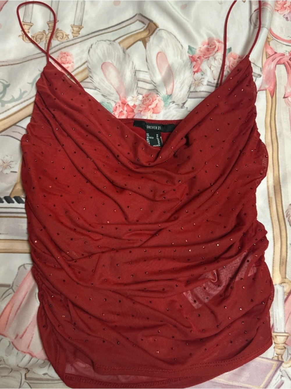 Forever 21 Red Rhinestone Cowl Neck Spaghetti Strap Camisole
